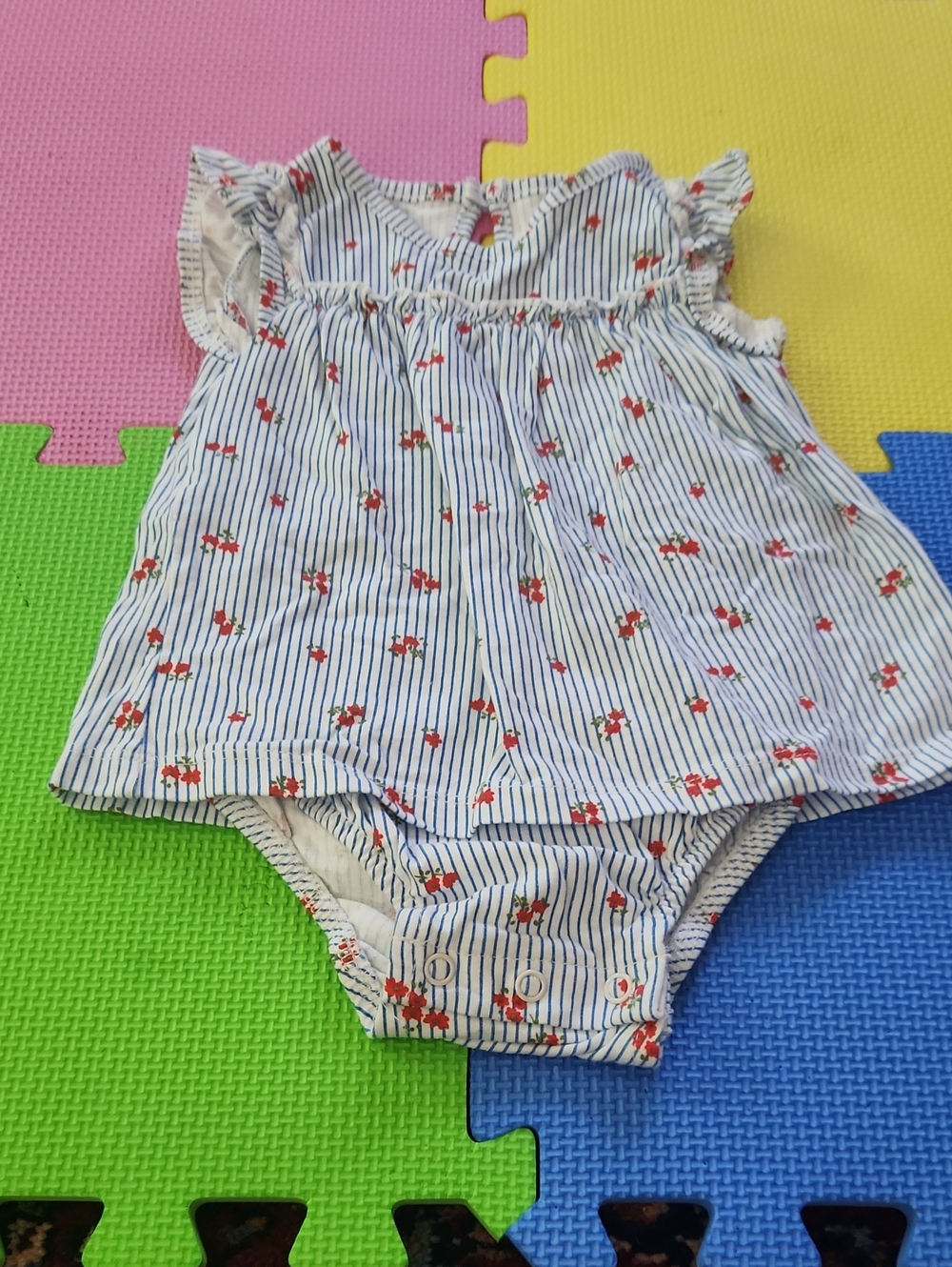 Carter's Blue & White Striped Cherry Print Baby Romper